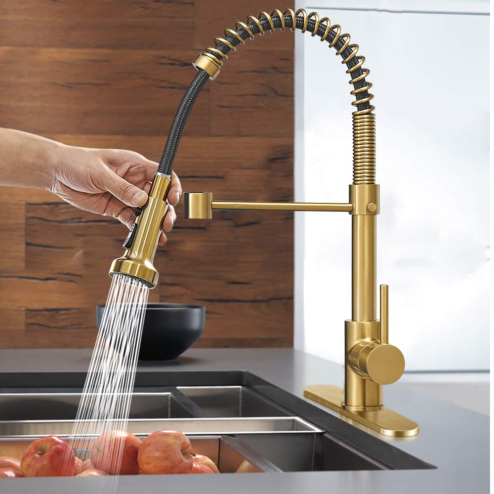 Hoimpro Brushed Gold High Arc Spring Kitchen Faucet with Pull Down Sprayer  Commercial Rv Single Lever Kitchen Sink Faucet  3 Function Single Handle Laundry Faucet  Brass / Brushed Gold (1 or 3 Hole)